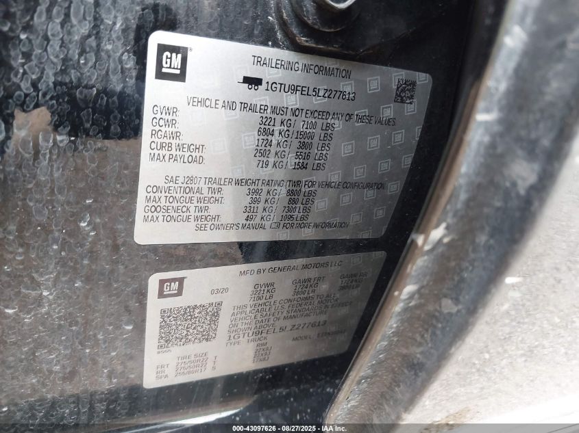 2020 GMC Sierra 1500 4Wd Short Box Denali VIN: 1GTU9FEL5LZ277613 Lot: 43097626