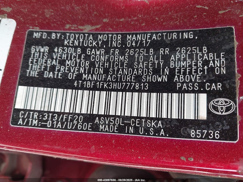 2017 TOYOTA CAMRY SE - 4T1BF1FK3HU777813