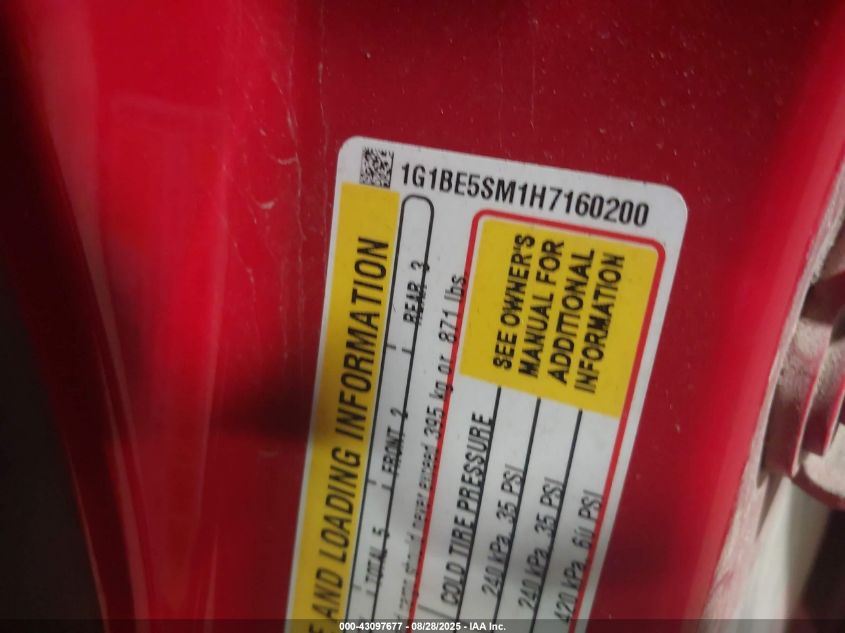 2017 Chevrolet Cruze Lt Auto VIN: 1G1BE5SM1H7160200 Lot: 43097677