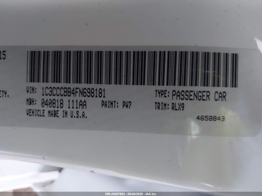 2015 Chrysler 200 S VIN: 1C3CCCBB4FN698181 Lot: 43097683