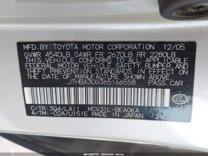 2006 Lexus Es 330 VIN: JTHBA30G365166558 Lot: 43097787