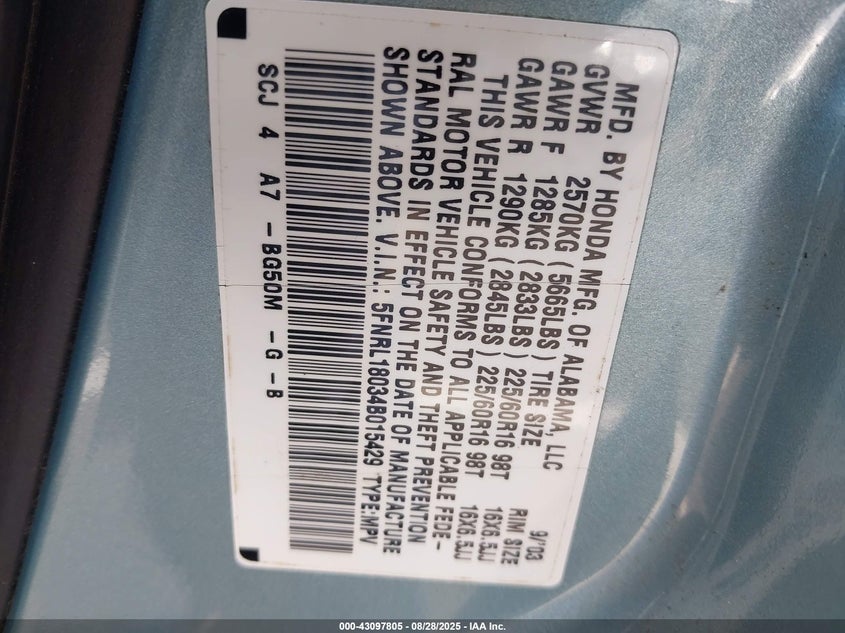 2004 Honda Odyssey Exl VIN: 5FNRL18034B015429 Lot: 43097805