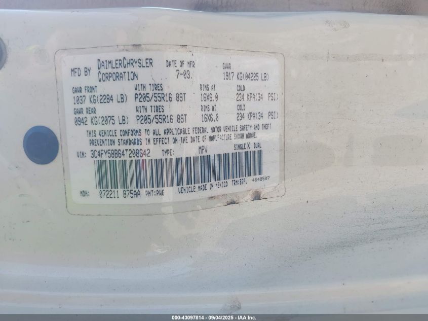 2004 Chrysler Pt Cruiser Touring VIN: 3C4FY58B64T208642 Lot: 43097814