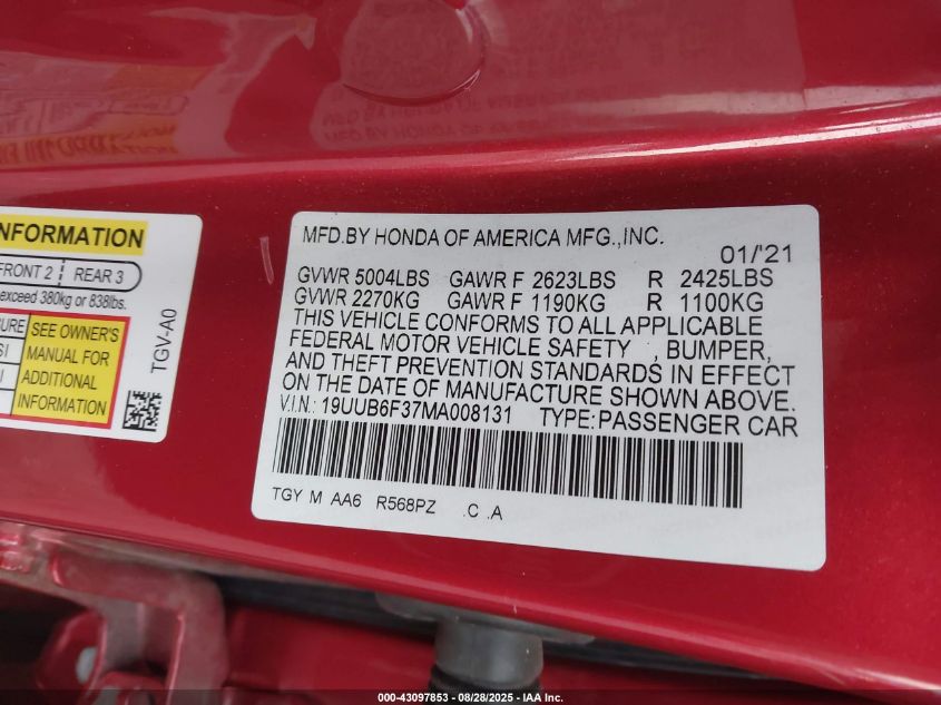 2021 Acura Tlx Standard VIN: 19UUB6F37MA008131 Lot: 43097853