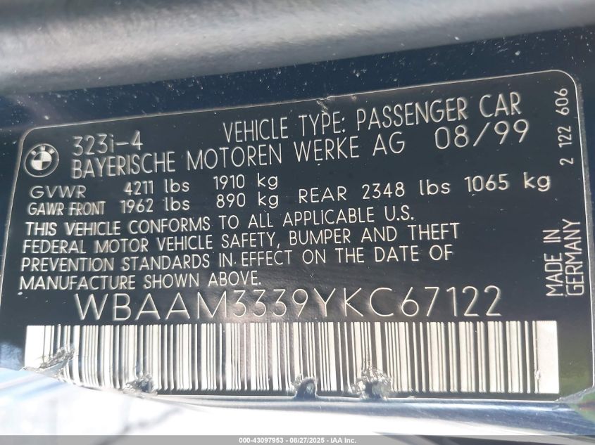 2000 BMW 323I VIN: WBAAM3339YKC67122 Lot: 43097953