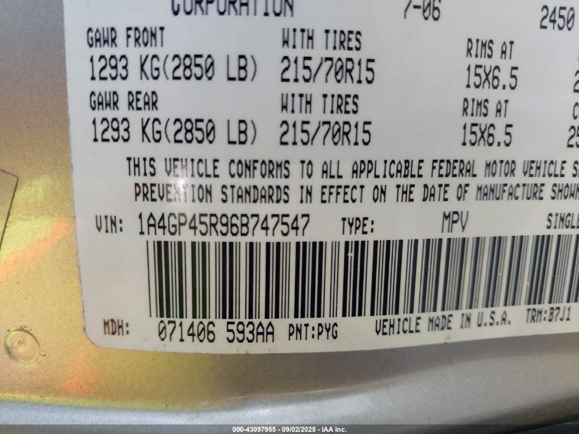 2006 Chrysler Town & Country VIN: 1A4GP45R96B747547 Lot: 43097955