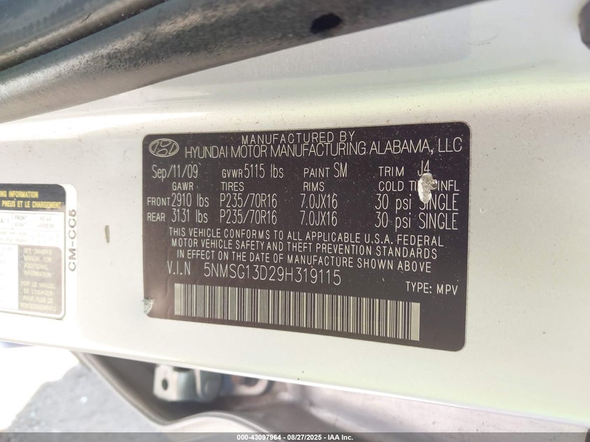 2009 Hyundai Santa Fe Gls VIN: 5NMSG13D29H319115 Lot: 43097964