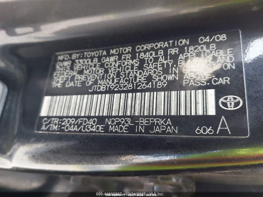 2008 Toyota Yaris VIN: JTDBT923281264189 Lot: 43098017