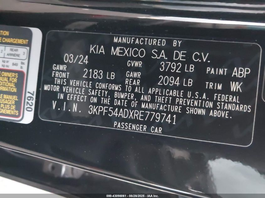 2024 Kia Forte Gt Line VIN: 3KPF54ADXRE779741 Lot: 43098061