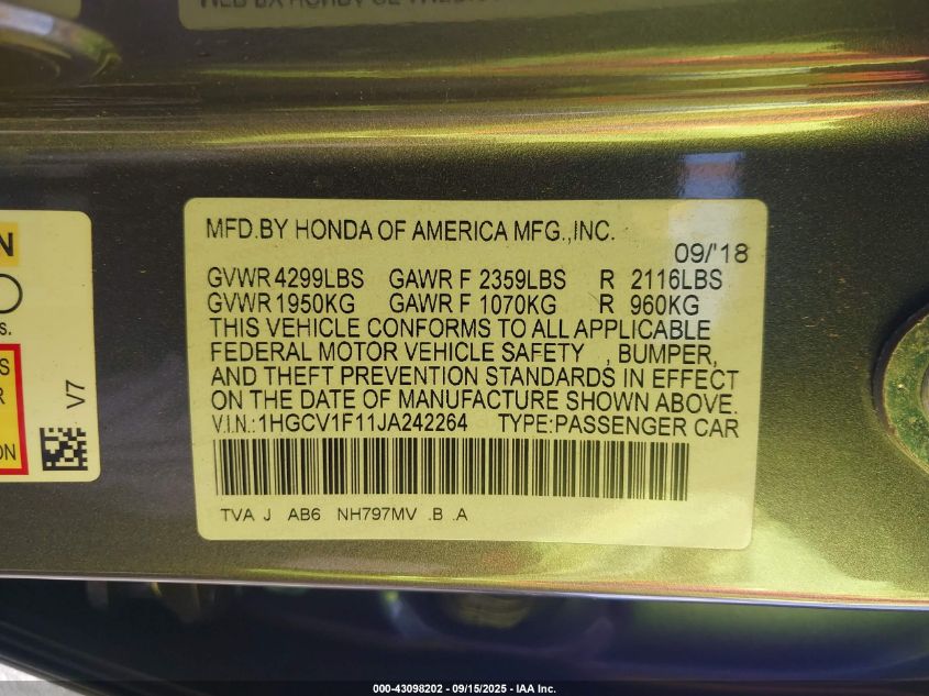 2018 Honda Accord Lx VIN: 1HGCV1F11JA242264 Lot: 43098202