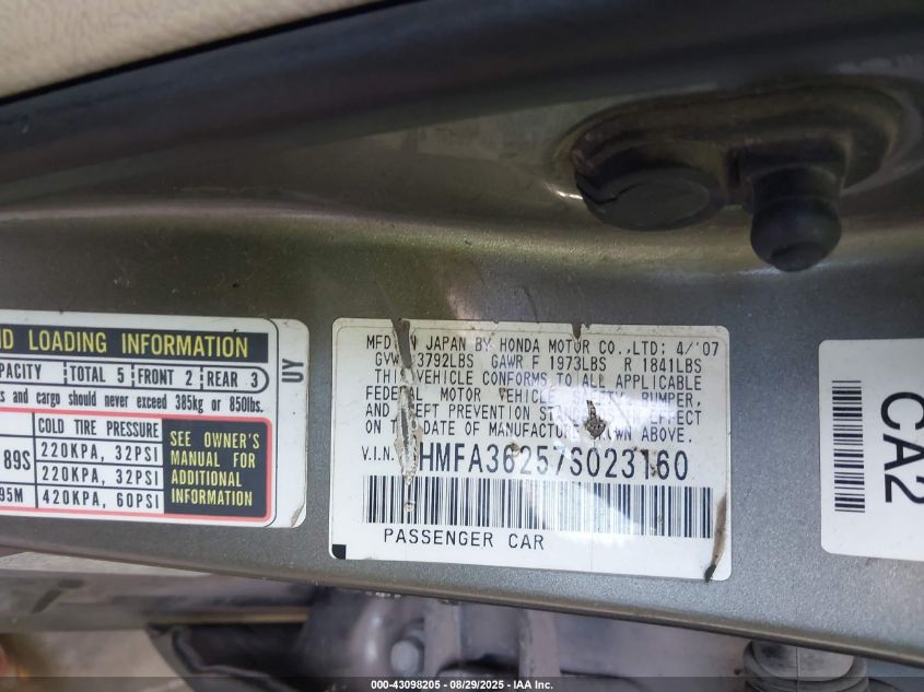 2007 Honda Civic Hybrid VIN: JHMFA36257S023160 Lot: 43098205