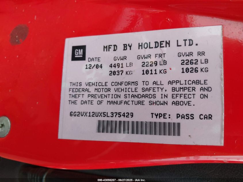 2005 Pontiac Gto VIN: 6G2VX12UX5L375429 Lot: 43098207