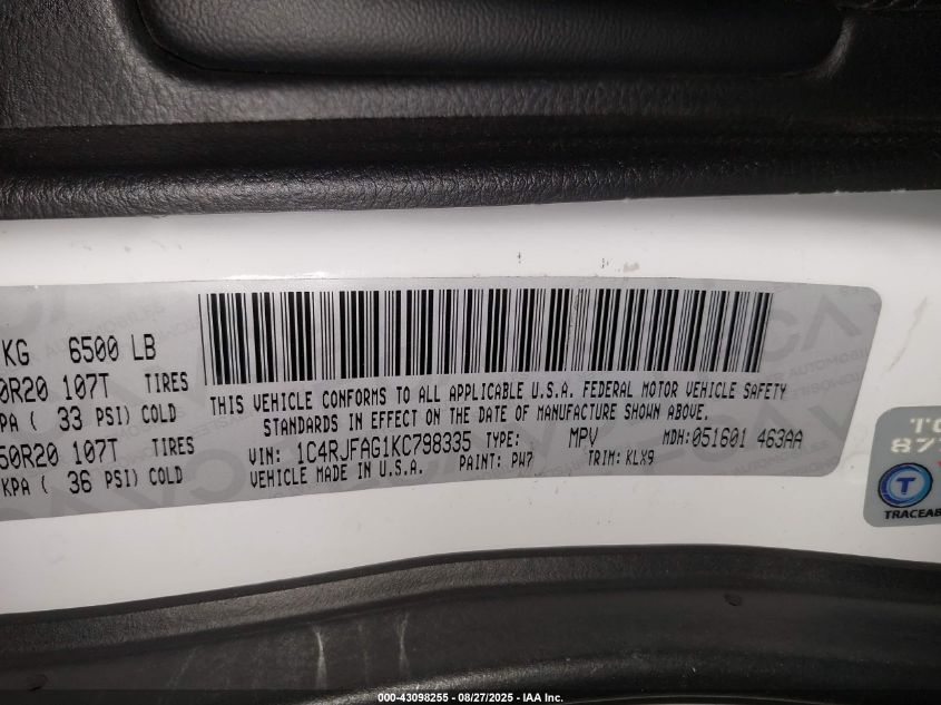 2019 Jeep Grand Cherokee Altitude 4X4 VIN: 1C4RJFAG1KC798335 Lot: 43098255