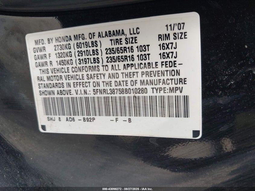 2008 Honda Odyssey Ex-L VIN: 5FNRL38758B010280 Lot: 43098272