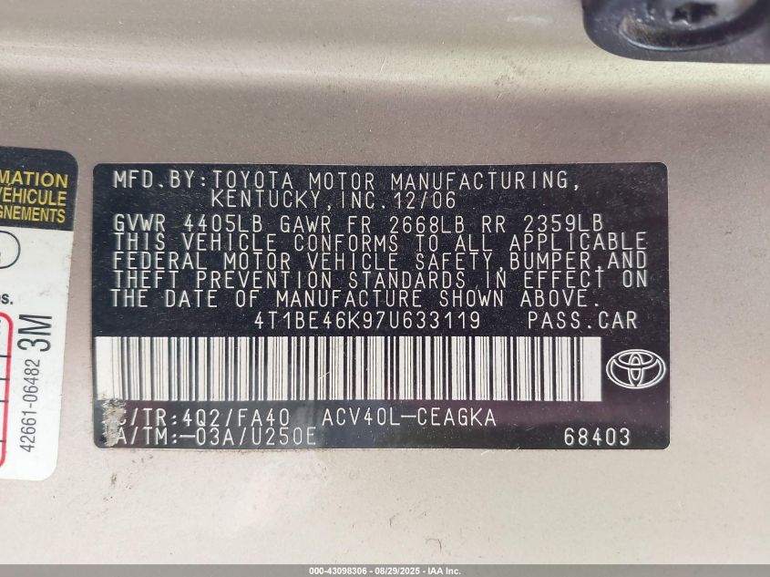 2007 Toyota Camry Xle VIN: 4T1BE46K97U633119 Lot: 43098306
