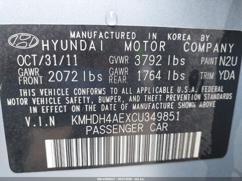 2012 Hyundai Elantra Limited (Ulsan Plant) VIN: KMHDH4AEXCU349851 Lot: 43098327