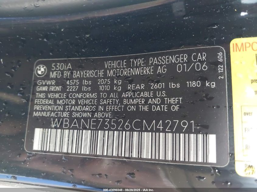 2006 BMW 530I VIN: WBANE73526CM42791 Lot: 43098348