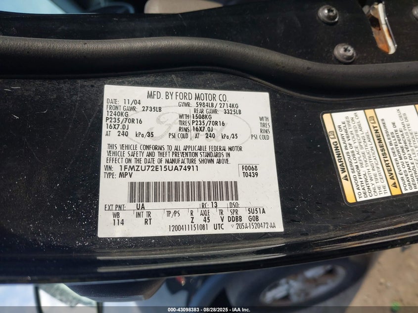 1FMZU72E15UA74911 2005 FORD EXPLORER photo no. 9