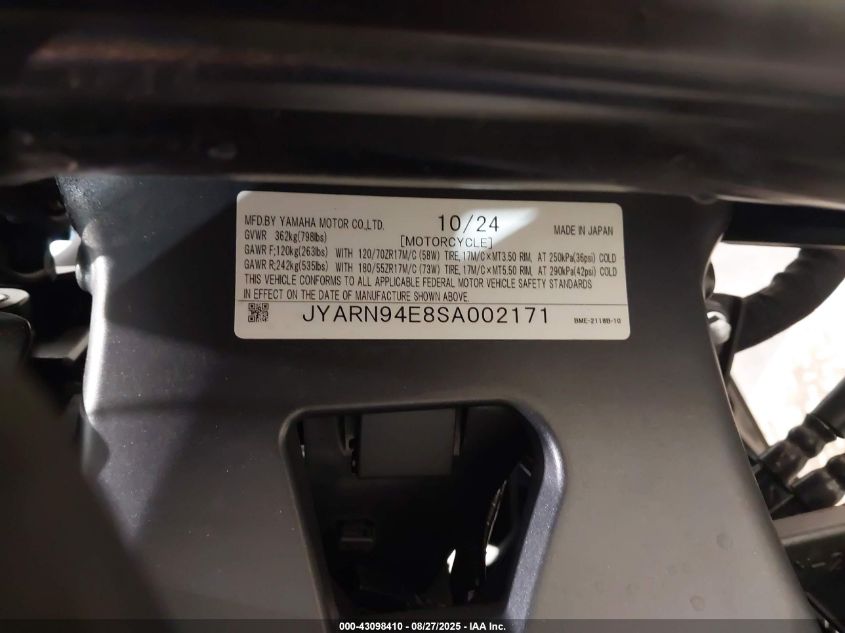 2025 Yamaha Mt09 VIN: JYARN94E8SA002171 Lot: 43098410