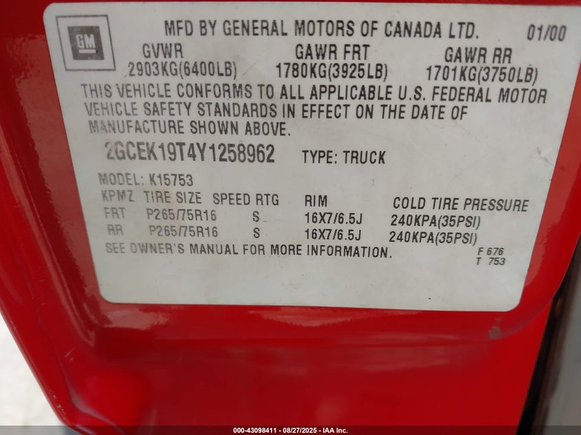 2000 Chevrolet Silverado 1500 Lt VIN: 2GCEK19T4Y1258962 Lot: 43098411