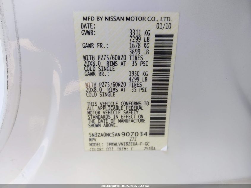 2010 Infiniti Qx56 VIN: 5N3ZA0NC5AN907034 Lot: 43098418