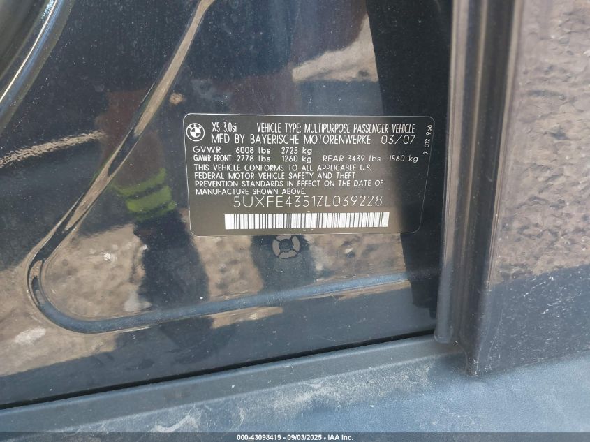 2007 BMW X5 3.0I VIN: 5UXFE43517L039228 Lot: 43098419