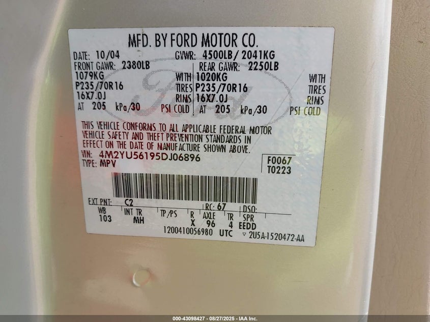 2005 Mercury Mariner VIN: 4M2YU56195DJ06896 Lot: 43098427