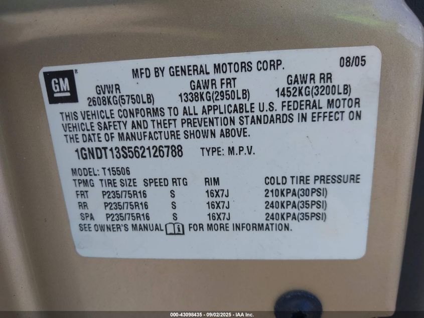 2006 Chevrolet Trailblazer Ls VIN: 1GNDT13S562126788 Lot: 43098435