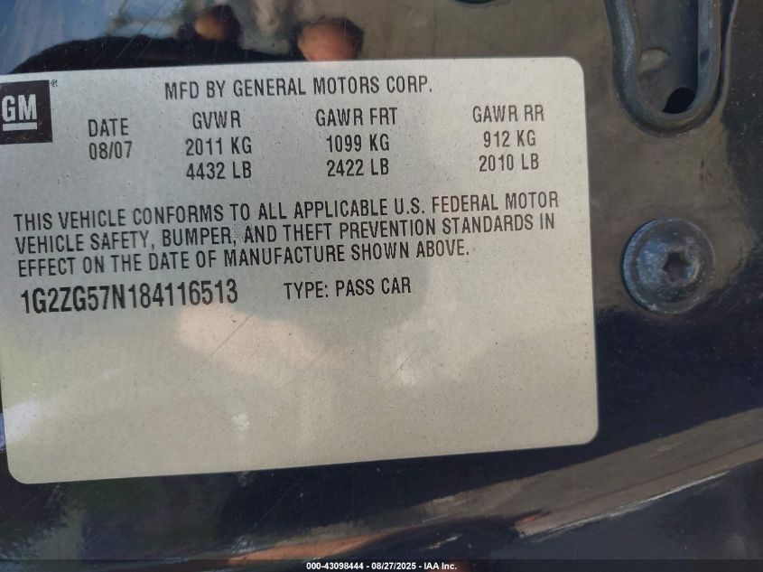 2008 Pontiac G6 VIN: 1G2ZG57N184116513 Lot: 43098444