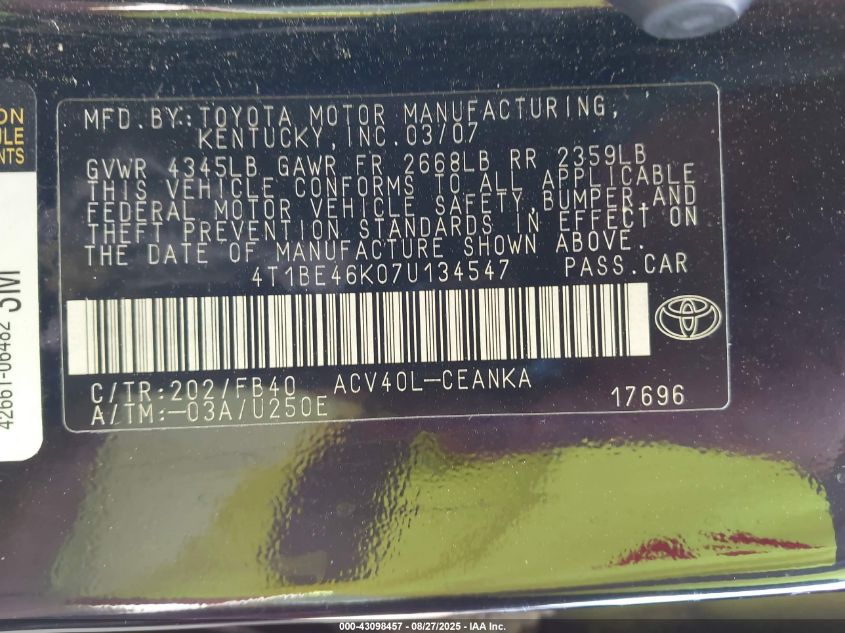 2007 Toyota Camry Le VIN: 4T1BE46K07U134547 Lot: 43098457