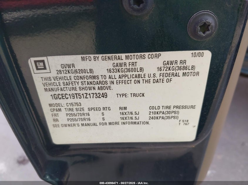 2001 Chevrolet Silverado 1500 Ls VIN: 1GCEC19T51Z173249 Lot: 43098471