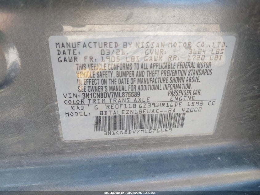 2021 Nissan Versa S Xtronic Cvt VIN: 3N1CN8DV7ML876689 Lot: 43098512