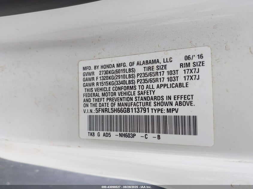 2016 Honda Odyssey Ex-L VIN: 5FNRL5H66GB113791 Lot: 43098527