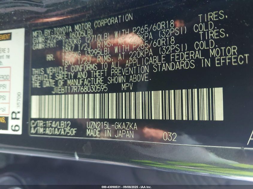 2006 Toyota 4Runner Limited V8 VIN: JTEBT17R768030595 Lot: 43098531