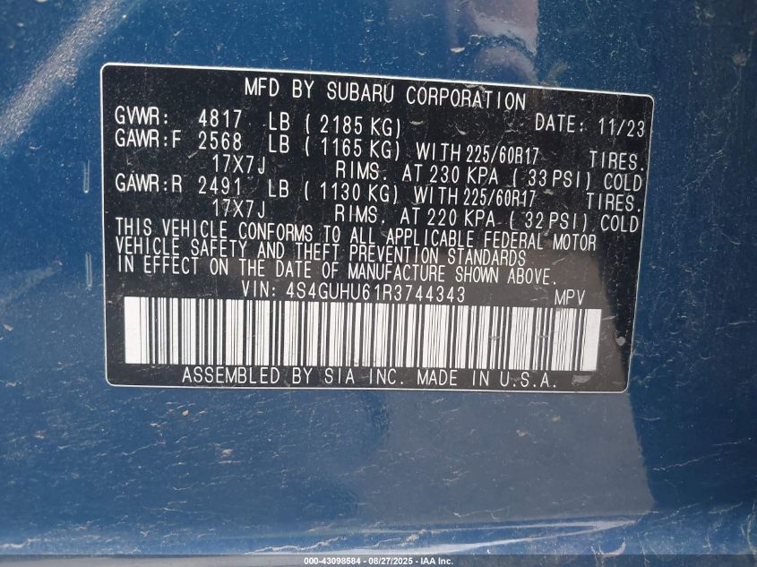 2024 Subaru Crosstrek Wilderness VIN: 4S4GUHU61R3744343 Lot: 43098584