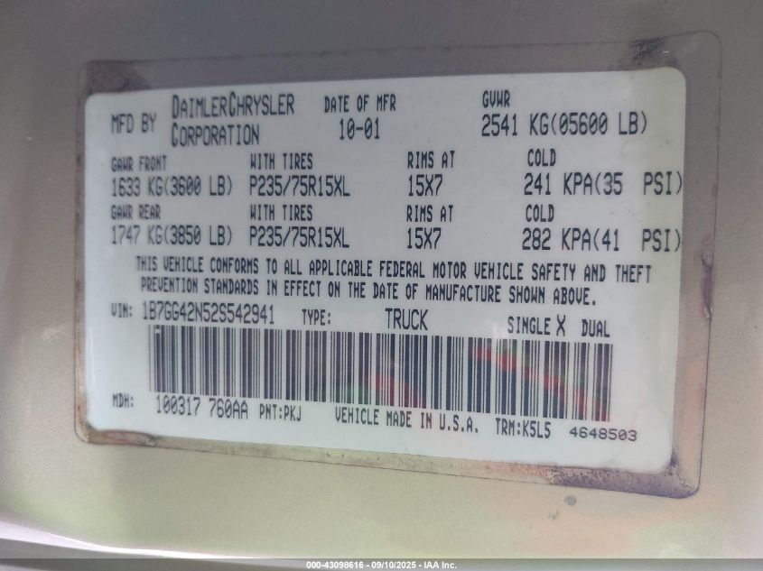 2002 Dodge Dakota Slt VIN: 1B7GG42N52S542941 Lot: 43098616