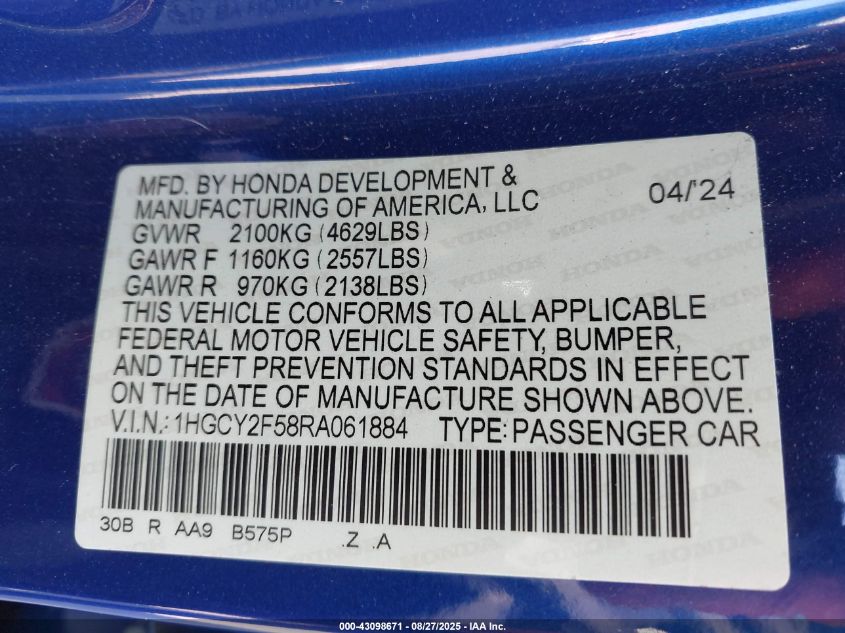 2024 Honda Accord Hybrid Sport VIN: 1HGCY2F58RA061884 Lot: 43098671