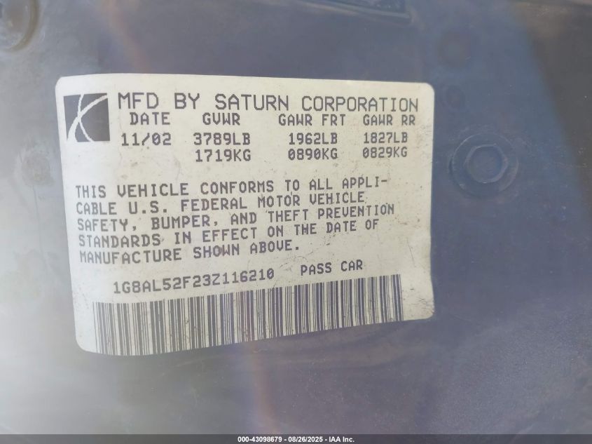 2003 Saturn Ion Ion 3 VIN: 1G8AL52F23Z116210 Lot: 43098679