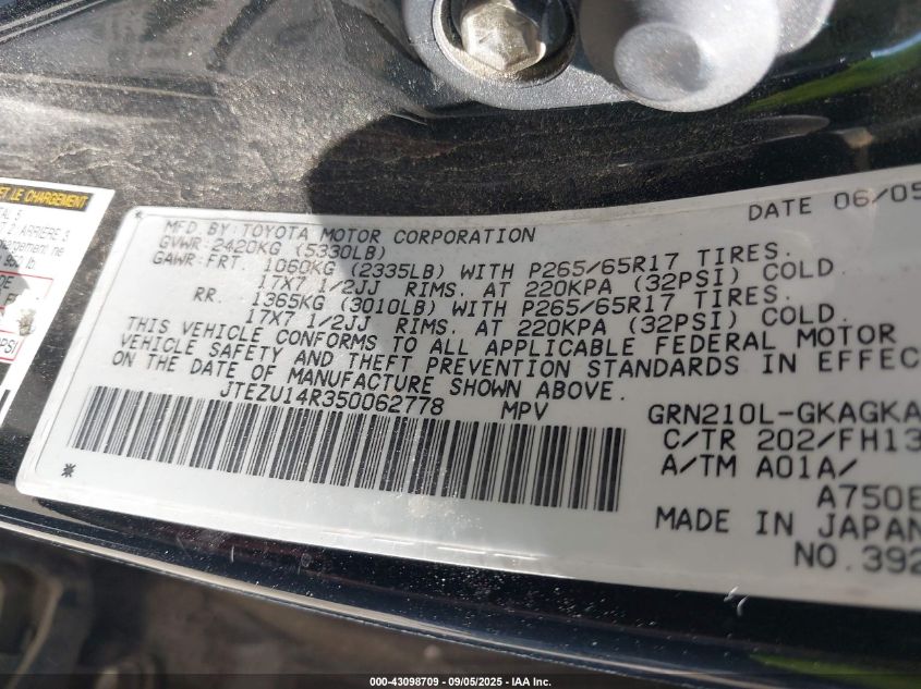 2005 Toyota 4Runner Sr5 Sport V6 VIN: JTEZU14R350062778 Lot: 43098709