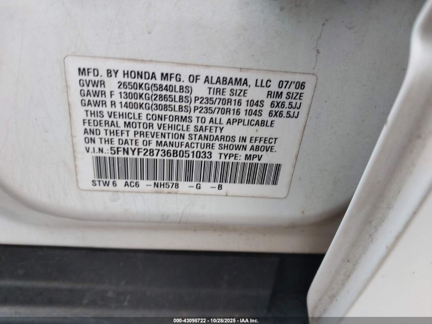 2006 Honda Pilot Ex-L VIN: 5FNYF28736B051033 Lot: 43098722