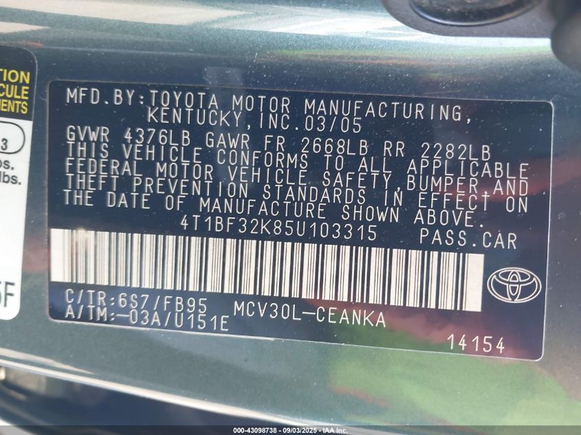 2005 Toyota Camry Le V6 VIN: 4T1BF32K85U103315 Lot: 43098738