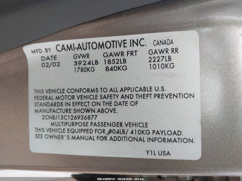 2002 Chevrolet Tracker Hard Top Base VIN: 2CNBJ13C126936877 Lot: 43098747