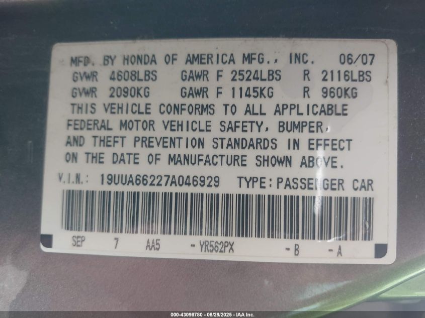 2007 Acura Tl 3.2 VIN: 19UUA66227A046929 Lot: 43098780