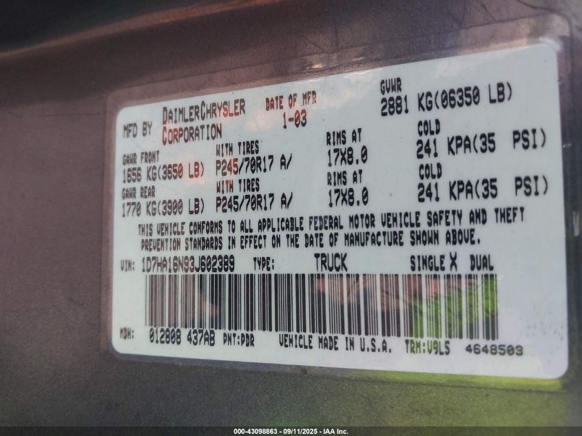 2003 Dodge Ram 1500 Slt/Laramie/St VIN: 1D7HA16N93J602389 Lot: 43098863