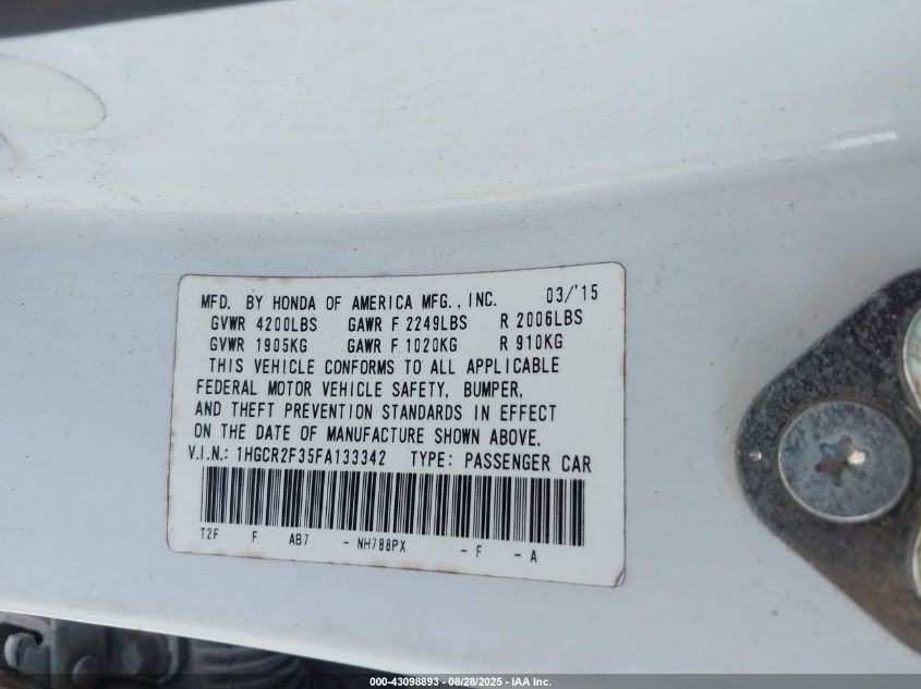 2015 Honda Accord Lx VIN: 1HGCR2F35FA133342 Lot: 43098893