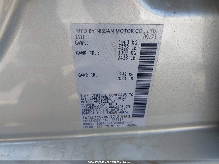 VIN 1N4BL4CV7RN322591 2024 NISSAN ALTIMA SR FWD