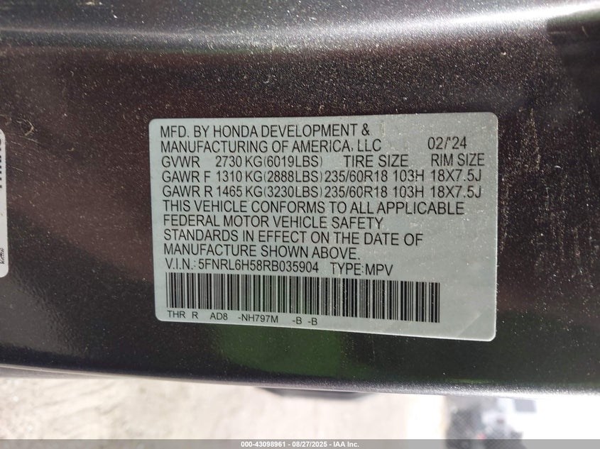 2024 Honda Odyssey Ex VIN: 5FNRL6H58RB035904 Lot: 43098961