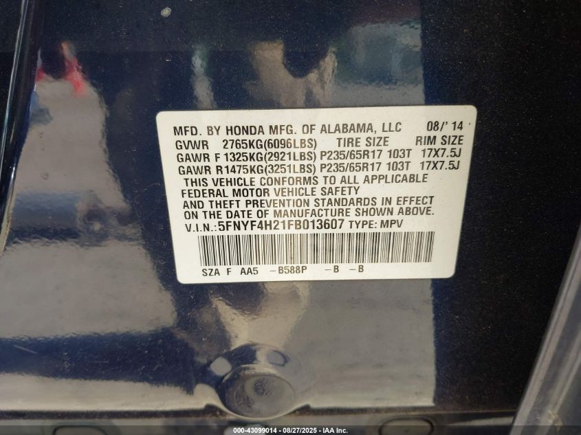 2015 Honda Pilot Lx VIN: 5FNYF4H21FB013607 Lot: 43099014