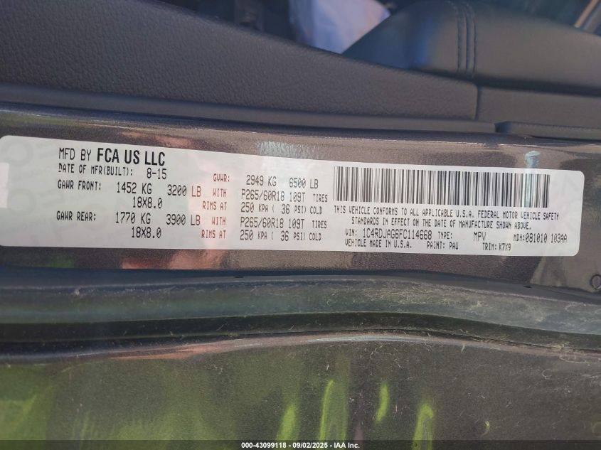 2015 Dodge Durango Sxt VIN: 1C4RDJAG6FC114668 Lot: 43099118