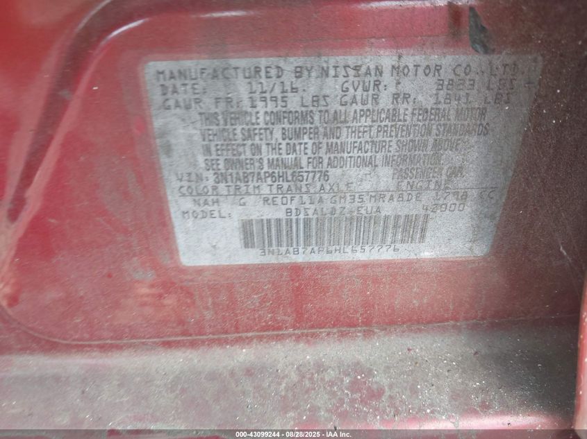 2017 Nissan Sentra Sv VIN: 3N1AB7AP6HL657776 Lot: 43099244